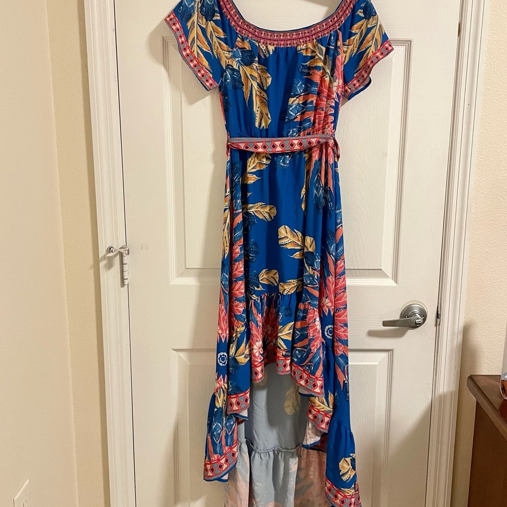 Small tropical palm print high low ankle length dress